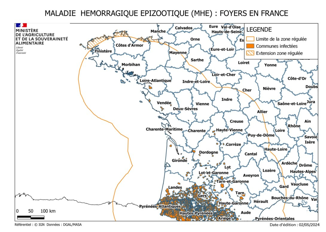 Carte de France mettant en évidence les différents foyers de maladie hémorragique épizootique le sud ouest de la France est le plus touché
