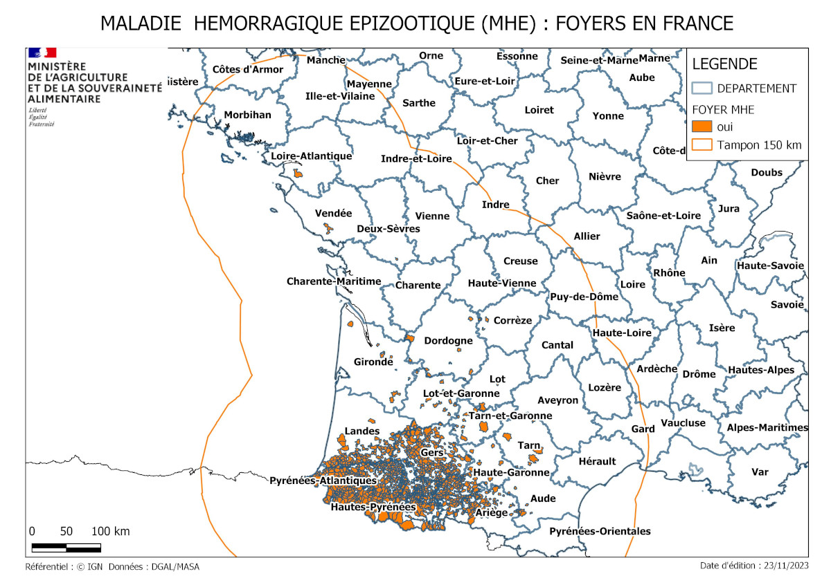 Cartographie de la zone réglementée au titre de la MHE à partir des foyers du sud-ouest (à la date du 22 novembre 2023)
