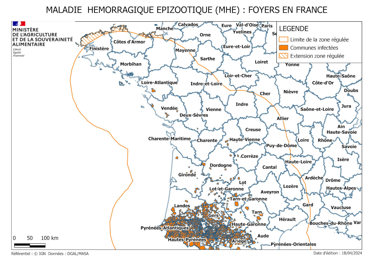Carte de France mettant en évidence les différents foyers de maladie hémorragique épizootique le sud ouest de la France est le plus touché