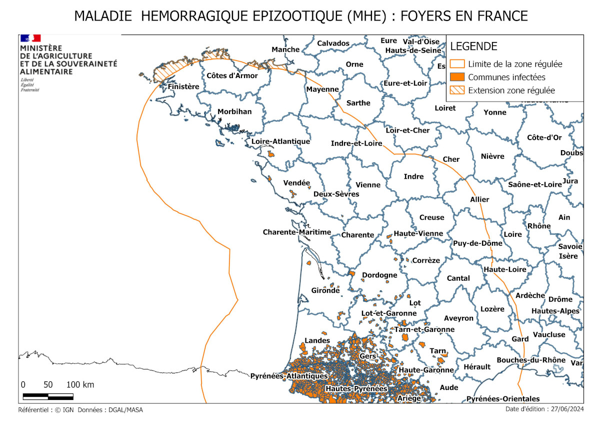 Cartographie de la zone réglementée au titre de la MHE à partir des foyers du sud-ouest (à la date du 29 juin 2024)