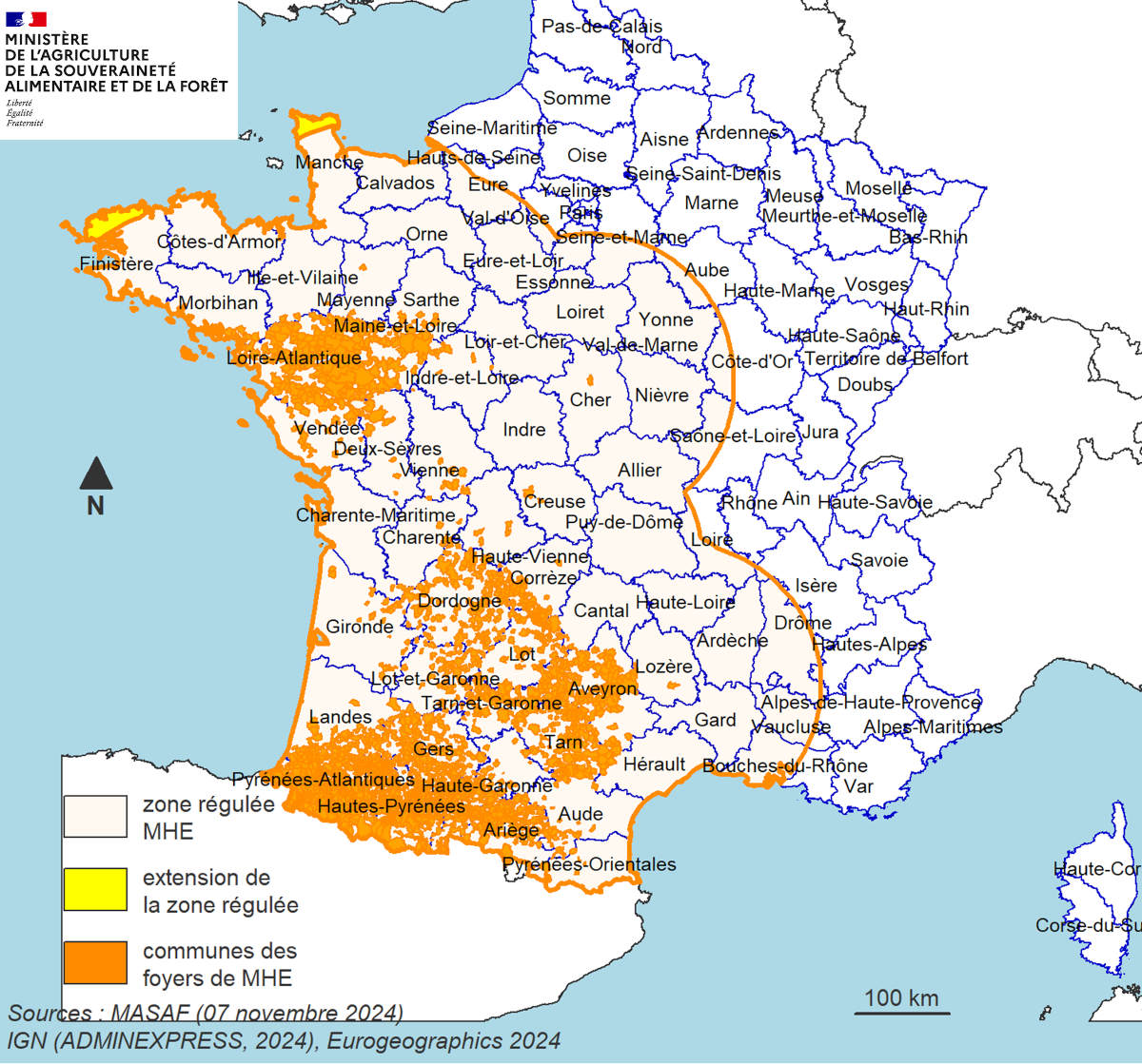 Cartographie de la zone réglementée au titre de la MHE (06 novembre 2024)