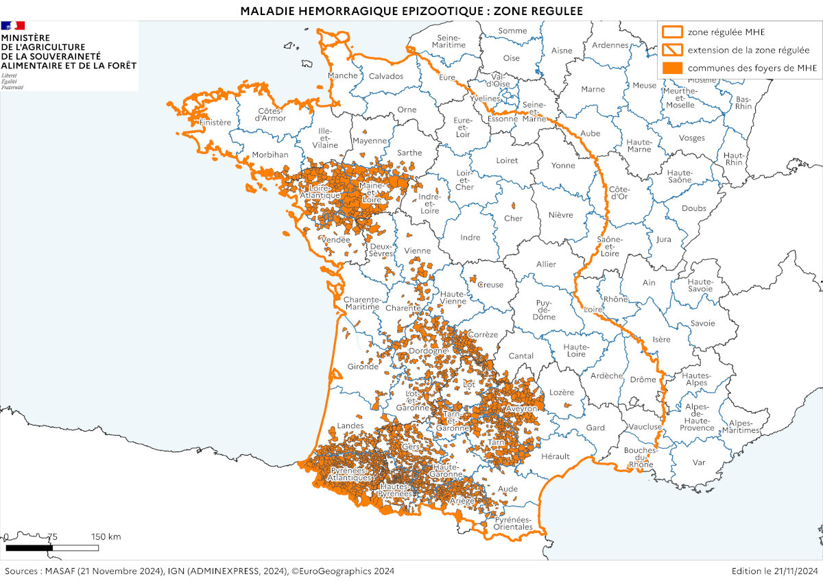 Cartographie de la zone réglementée au titre de la MHE (21 novembre 2024)