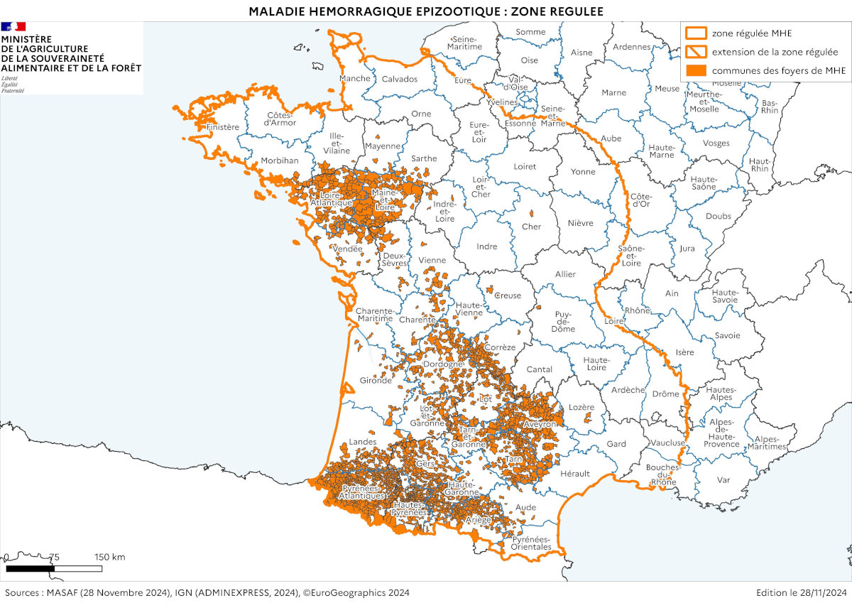 Cartographie de la zone réglementée au titre de la MHE (28 novembre 2024)