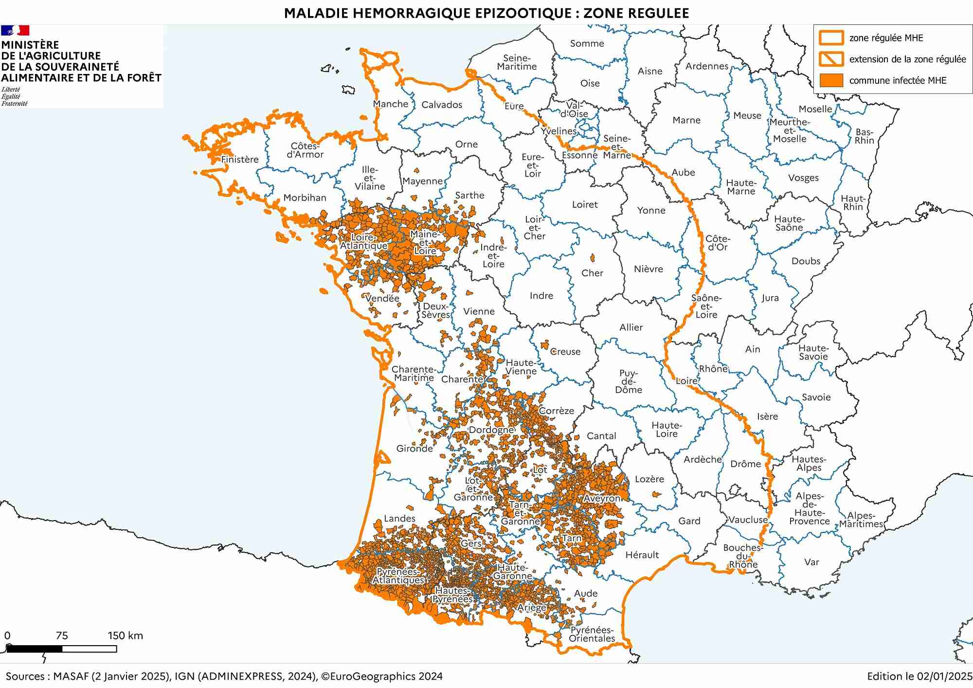 Cartographie de la zone réglementée au titre de la MHE à partir des foyers du sud-ouest (à la date du 2 janvier 2025)