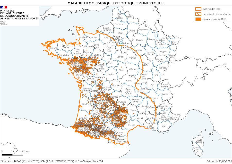 Cartographie de la zone réglementée au titre de la MHE à partir des foyers du sud-ouest (à la date du 13 mars 2025)