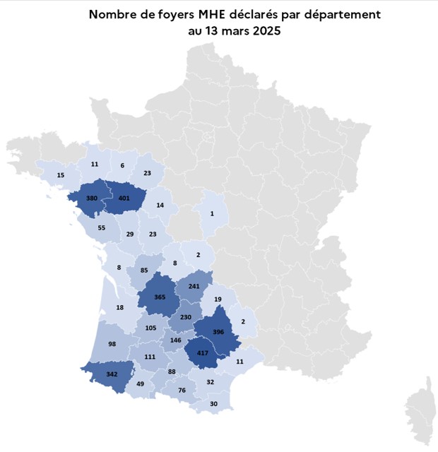 Nombre de foyers MHE déclarés par département au 13 mars 2025