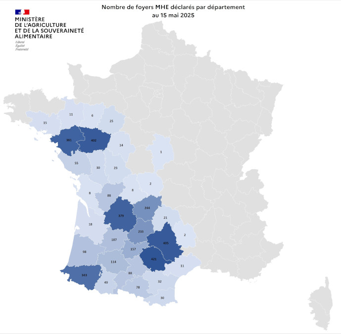 Nombre de foyers MHE déclarés par département au 15 mai 2025
