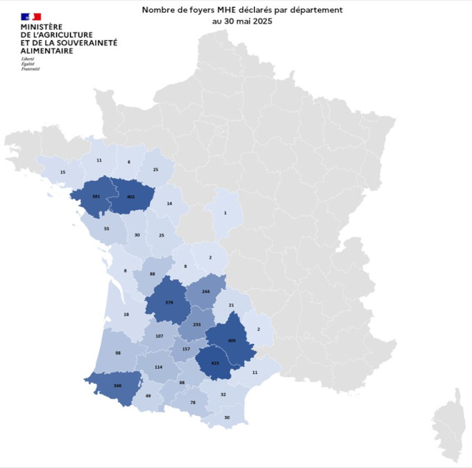 Nombre de foyers MHE déclarés par département au 30 mai 2025