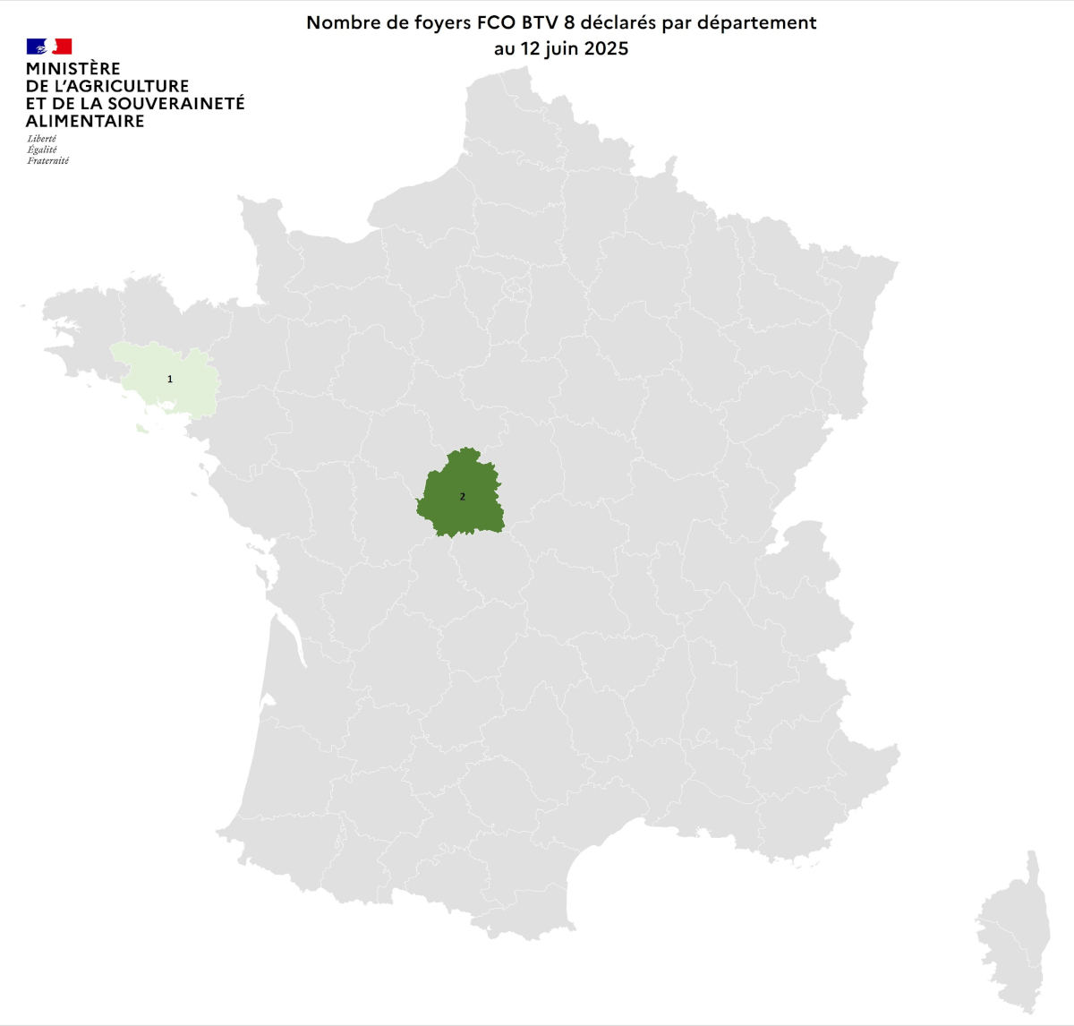 Nombre de foyers FCO BTV 8 déclarés par département au 12 juin 2025