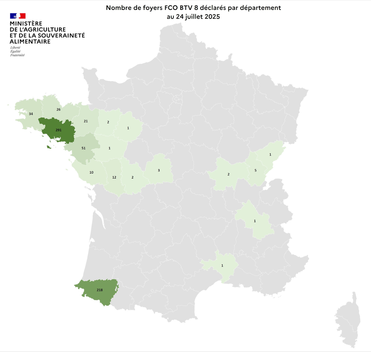 Nombre de foyers FCO BTV 8 déclarés par département au 24 juillet 2025