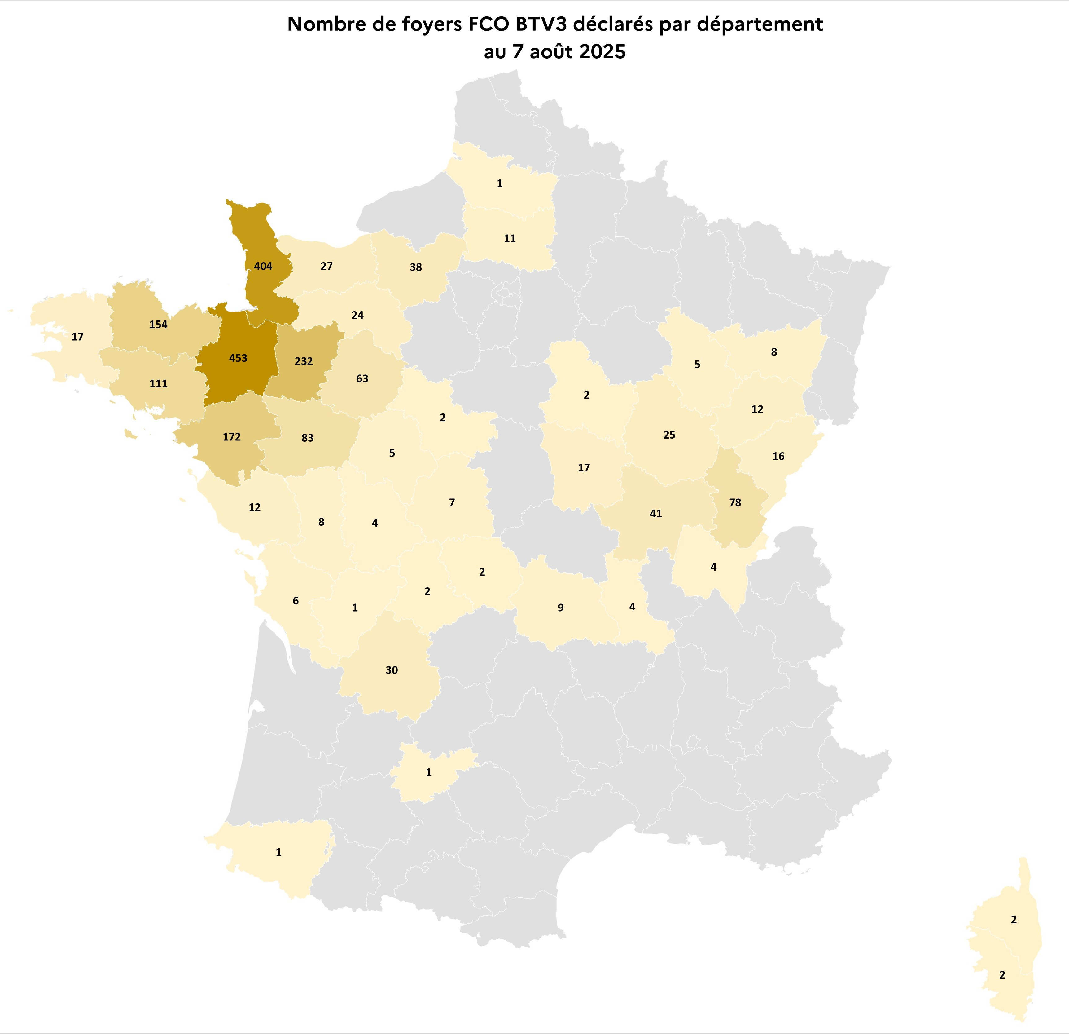 Nombre de foyers FCO BTV3 déclarés par département au 7 août 2025