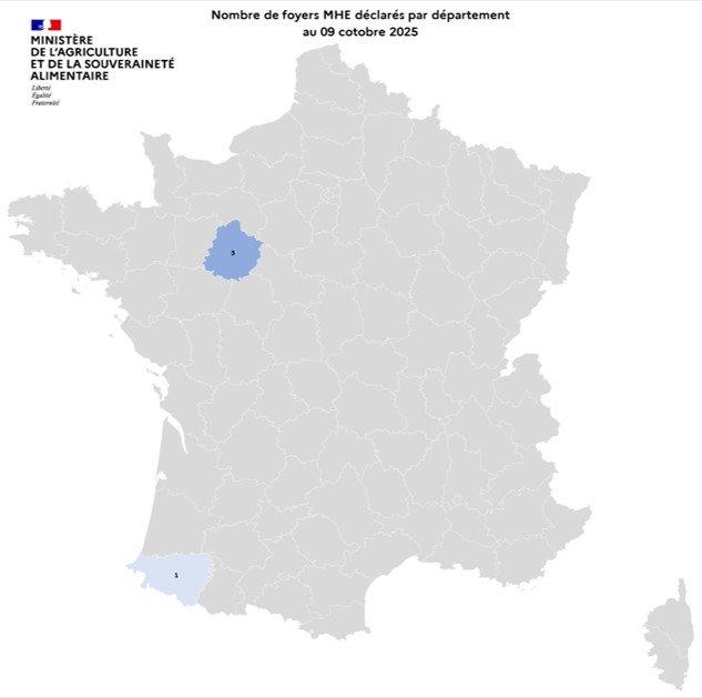 Nombre de foyers MHE déclarés par département au 9 octobre 2025
