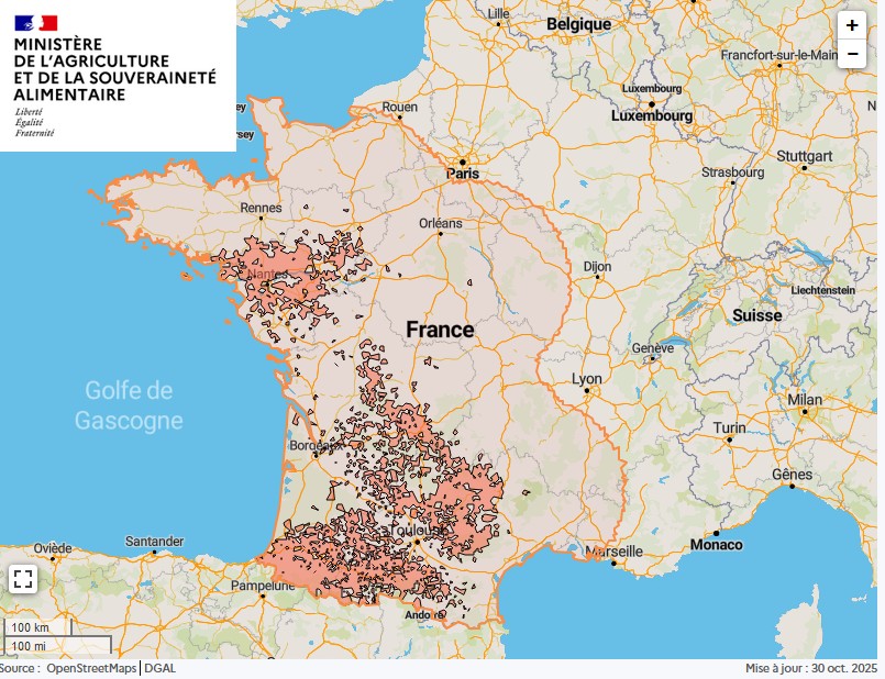 Maladie hémorragique épizootique : zone régulée au 30 octobre 2025
