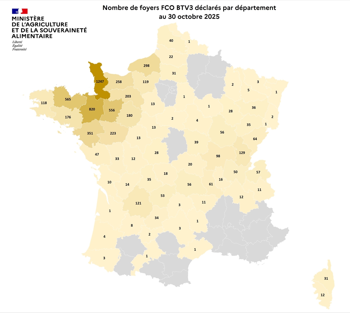 Nombre de foyers FCO BTV3 déclarés par département au 30 octobre 2025