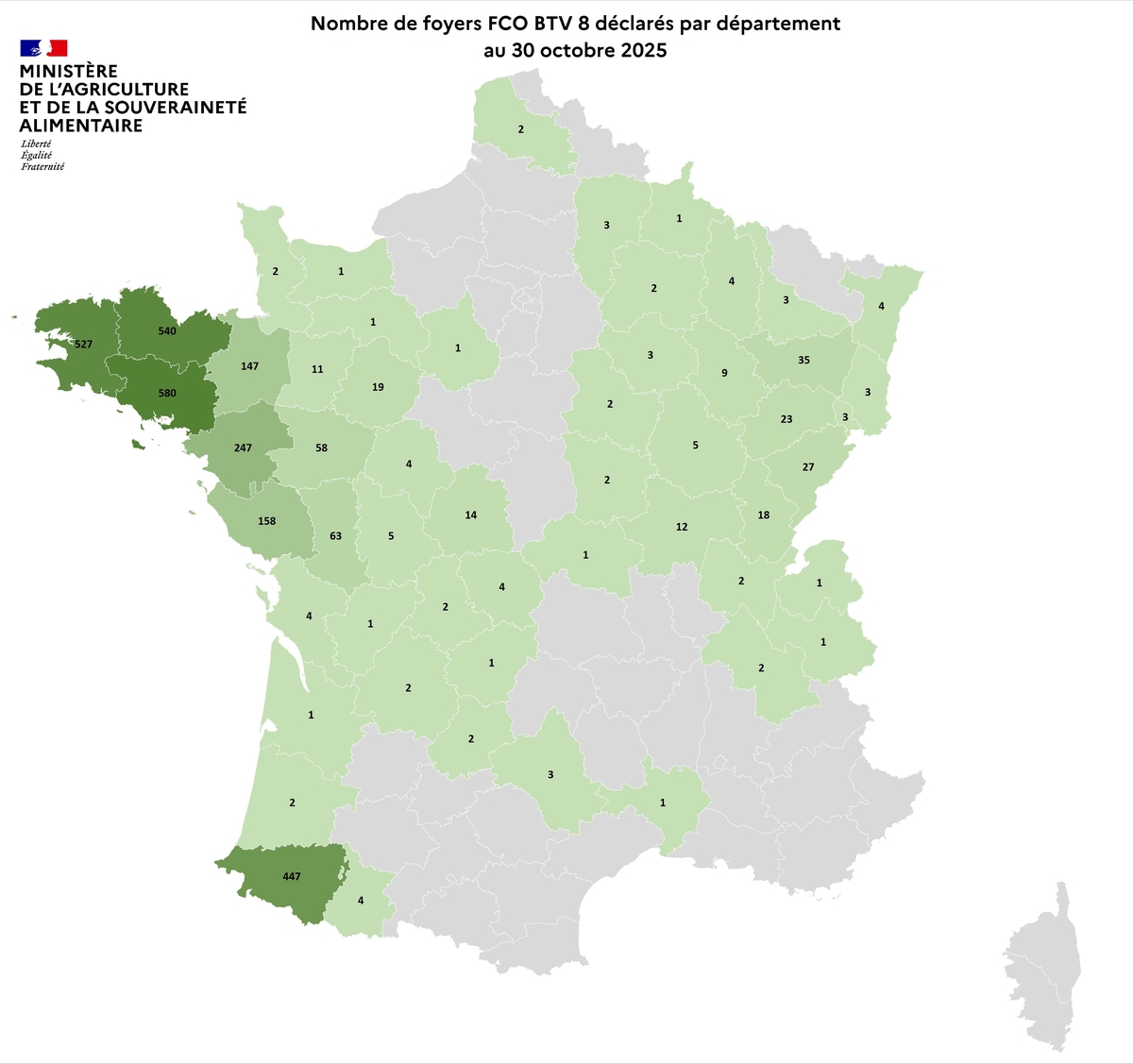 Nombre de foyers FCO BTV 8 déclarés par département au 30 octobre 2025