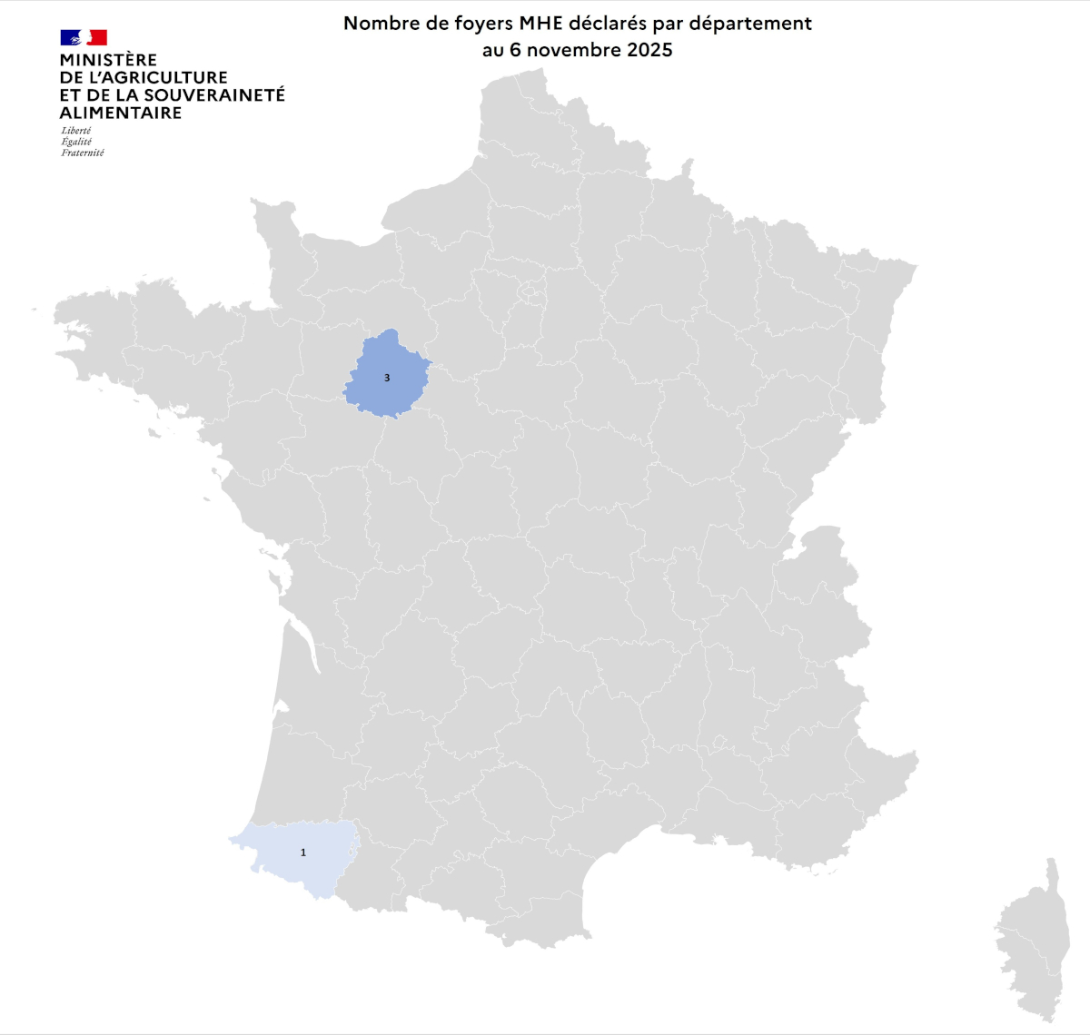 Nombre de foyers MHE déclarés par département au 6 novembre 2025