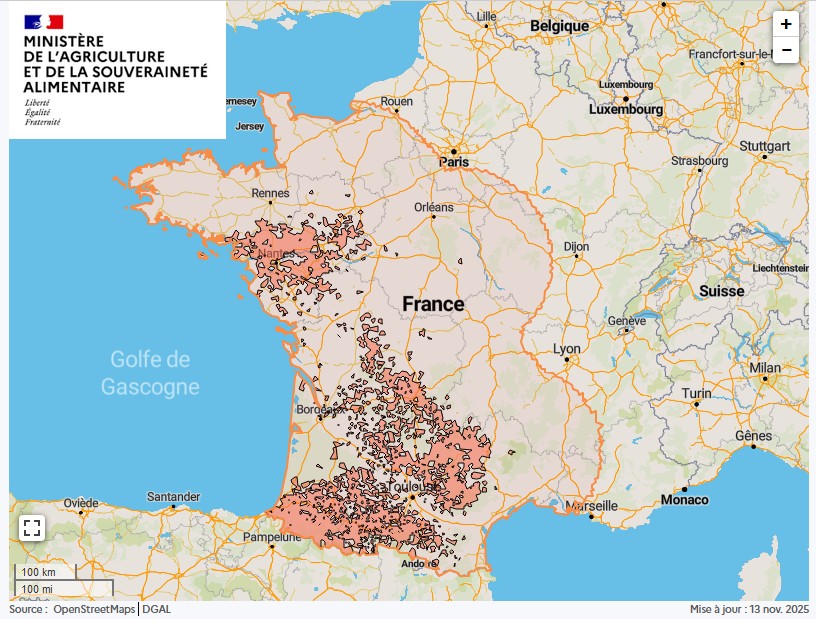 Maladie hémorragique épizootique : zone régulée au 13 novembre 2025