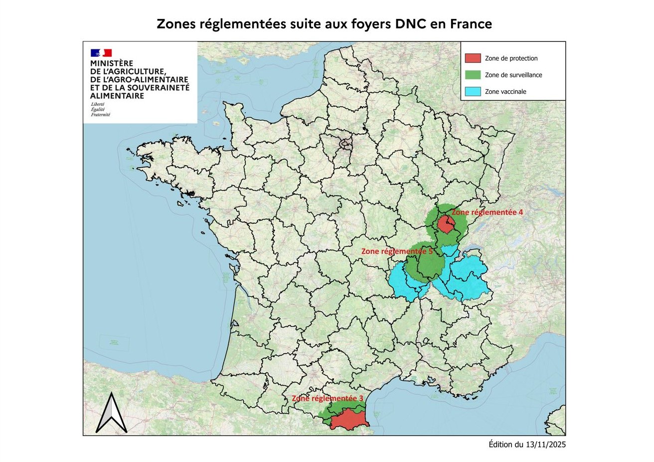 La carte des zones réglementées suite aux foyers DNC en France