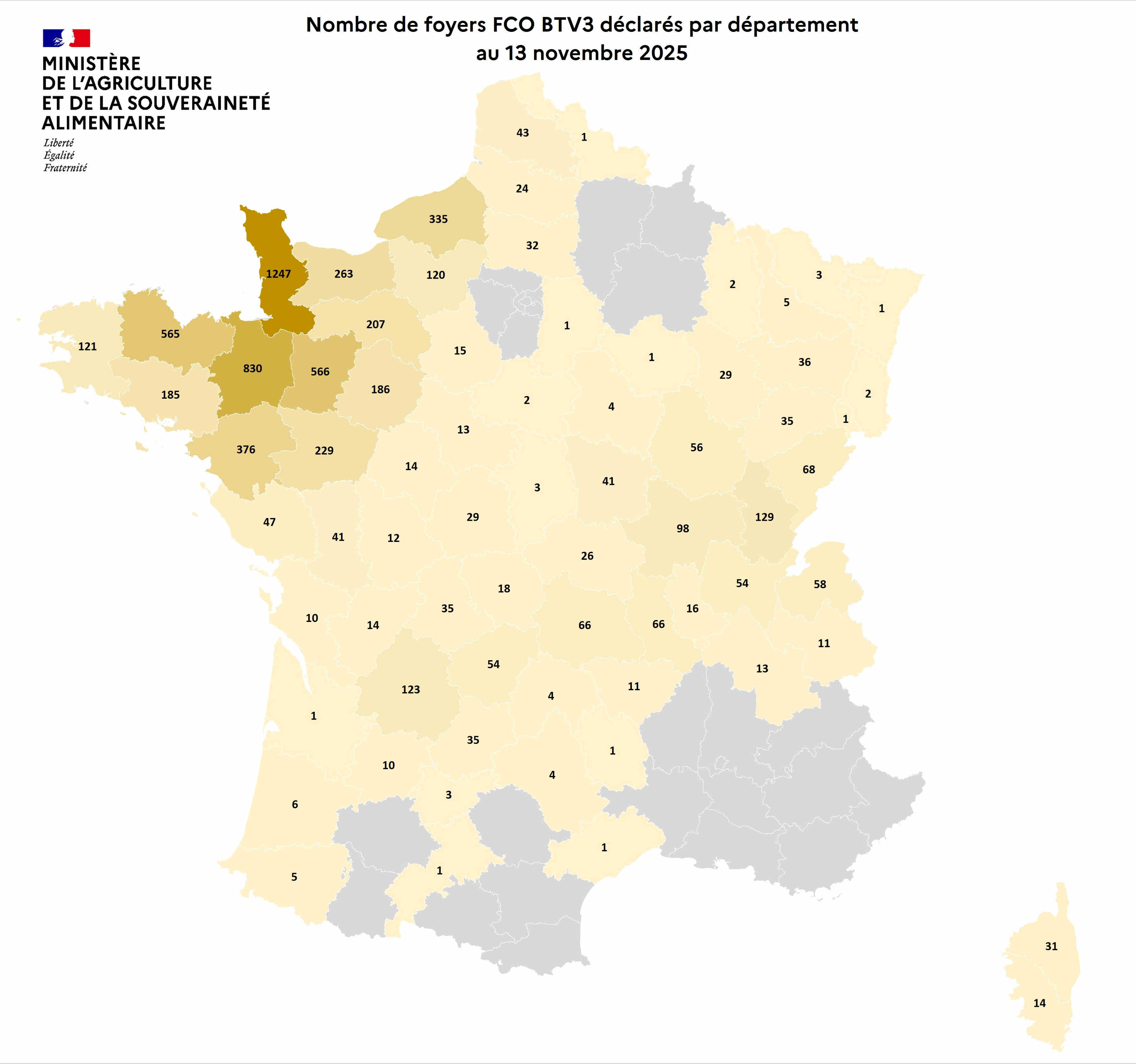 Nombre de foyers FCO BTV3 déclarés par département au 13 novembre 2025
