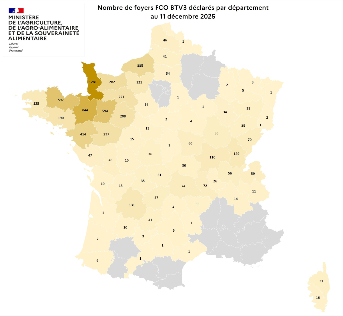 Nombre de foyers FCO BTV3 déclarés par département au 11 décembre 2025
