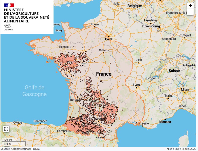 Maladie hémorragique épizootique : zone régulée au 18 décembre 2025