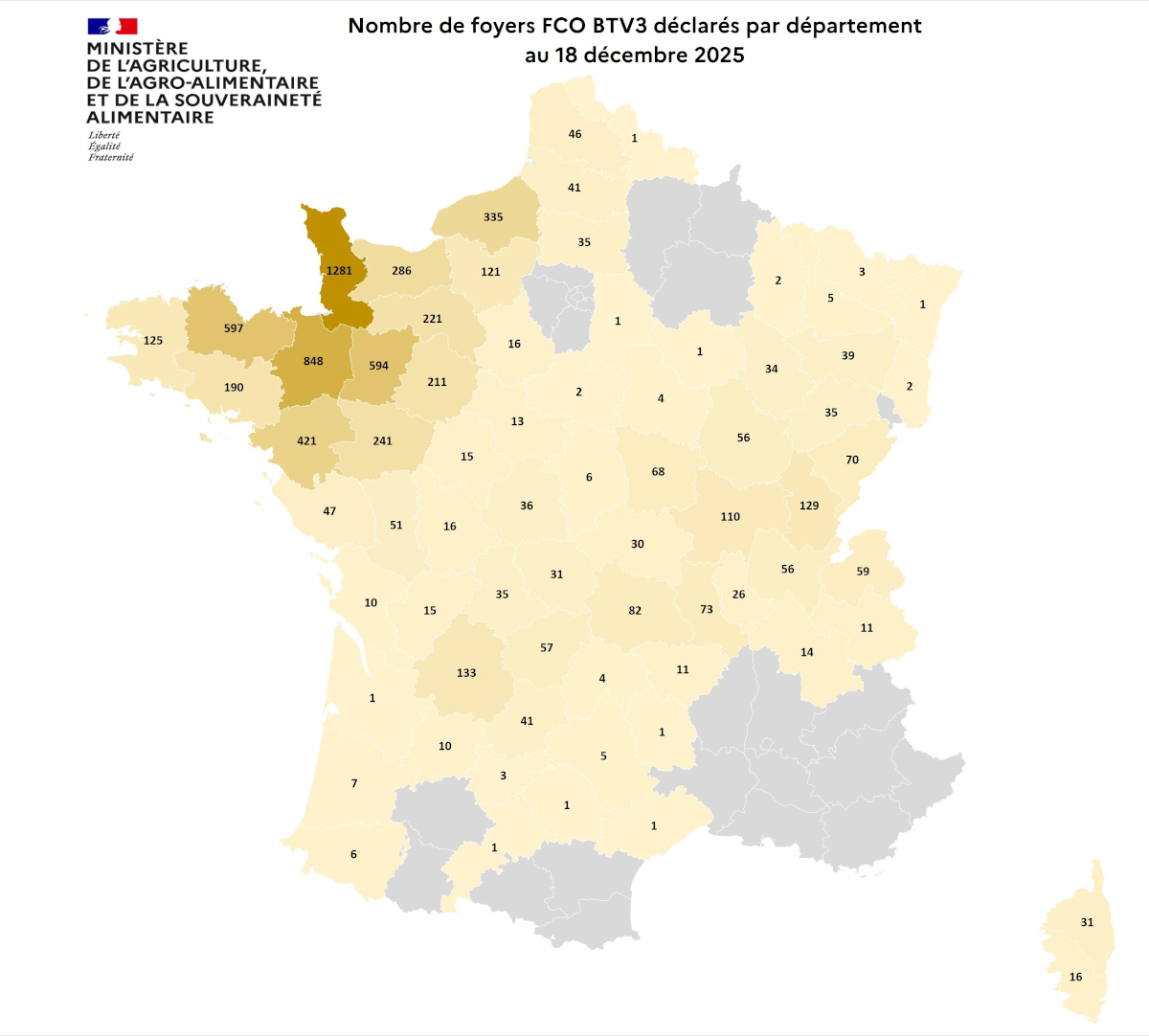 Nombre de foyers FCO BTV3 déclarés par département au 18 décembre 2025