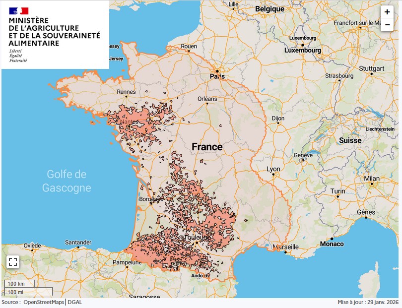 Maladie hémorragique épizootique : zone régulée au 29 janvier 2026
