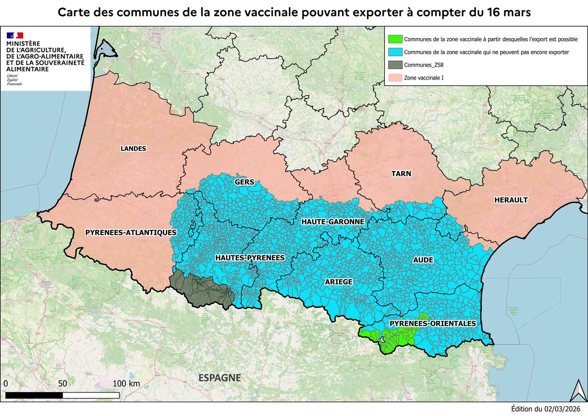 Carte des communes éligibles aux échanges au 16 mars (voir transcription)