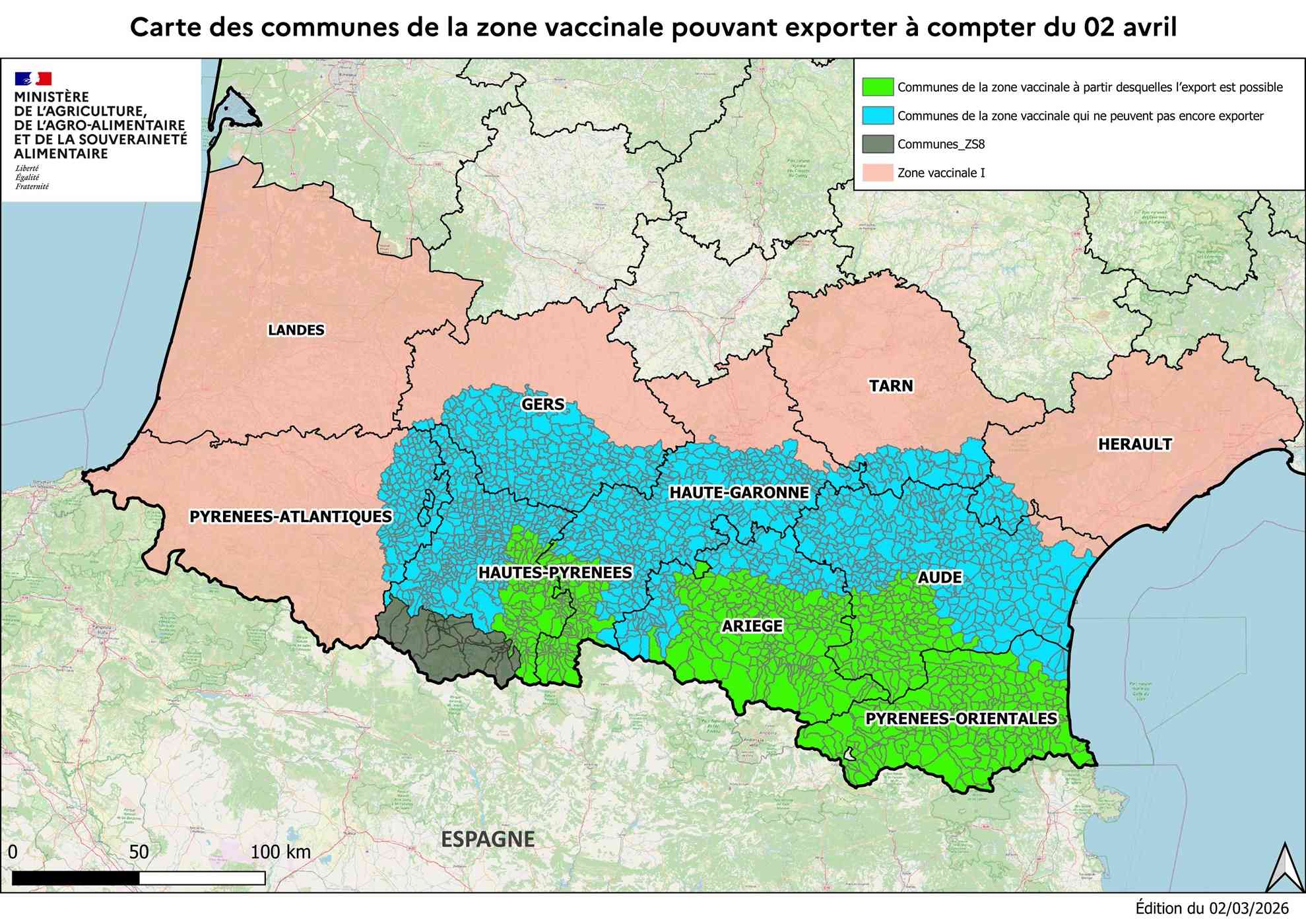Carte des communes éligibles aux échanges au 2 avril (voir transcription)
