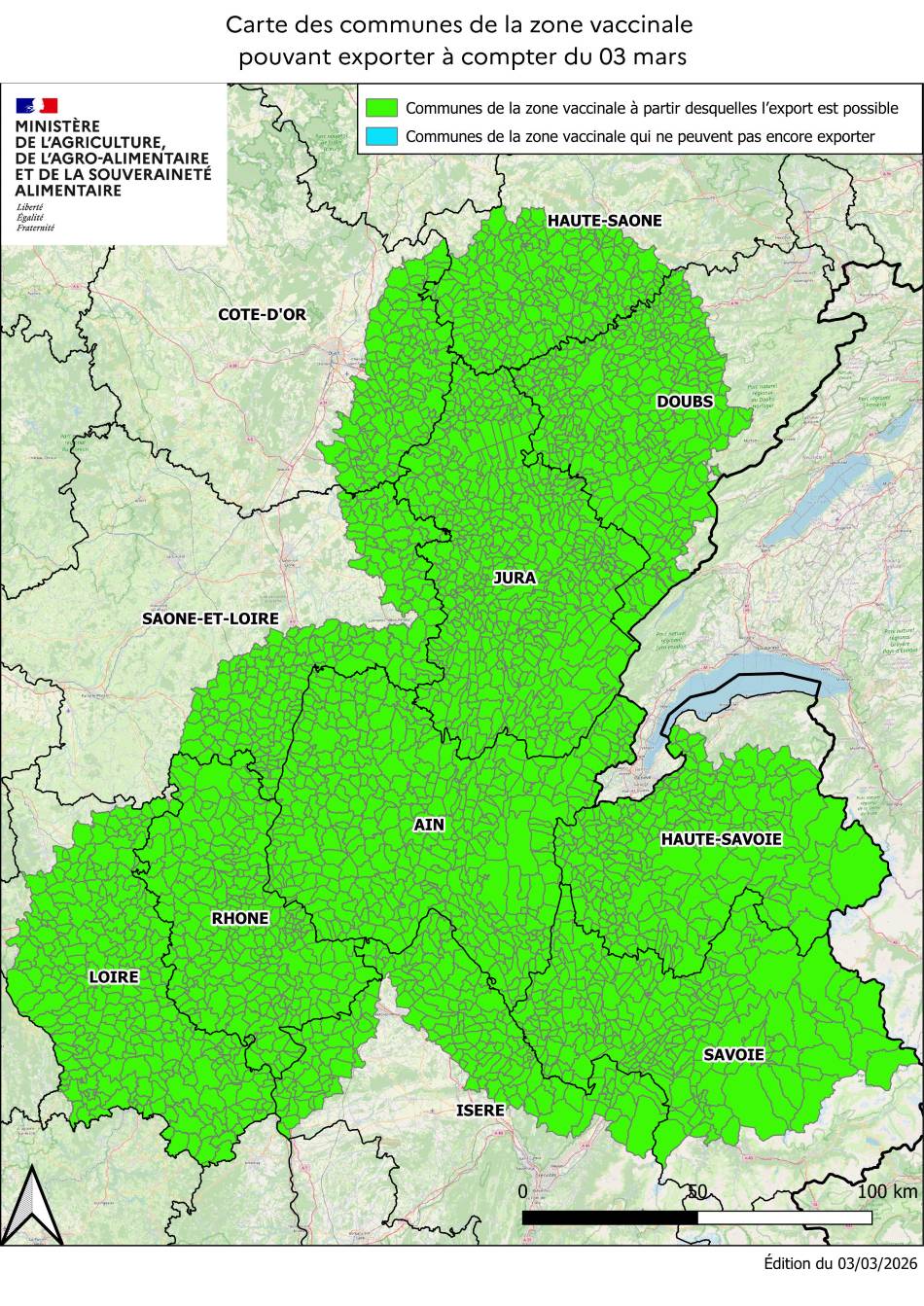 Carte des communes de la zone vaccinale pouvant exporter à compter du 3 mars 2026
