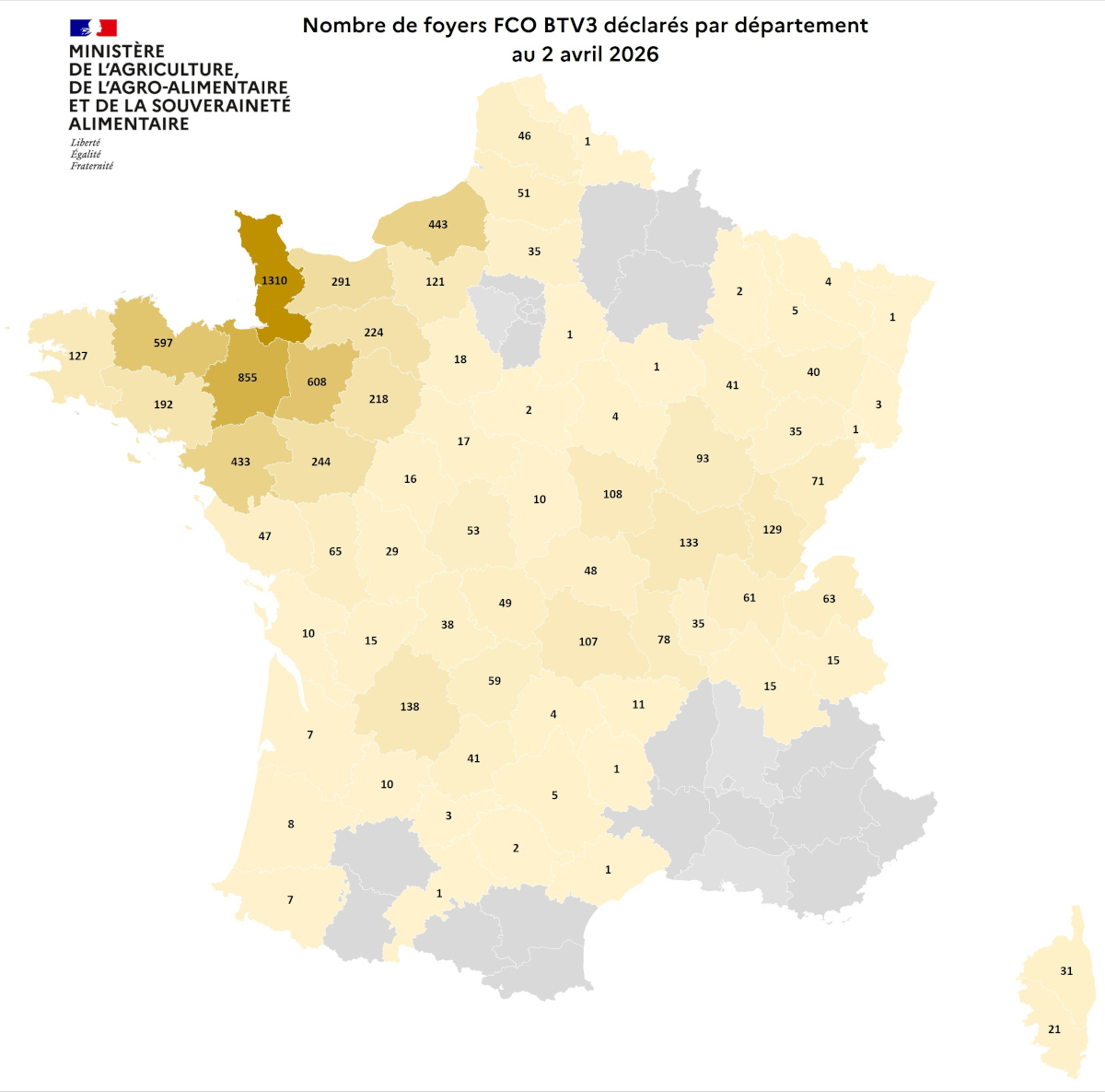 Nombre de foyers FCO BTV3 déclarés par département au 2 avril 2026