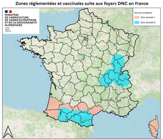 Zones réglementées et vaccinales suite aux foyers DNC en France