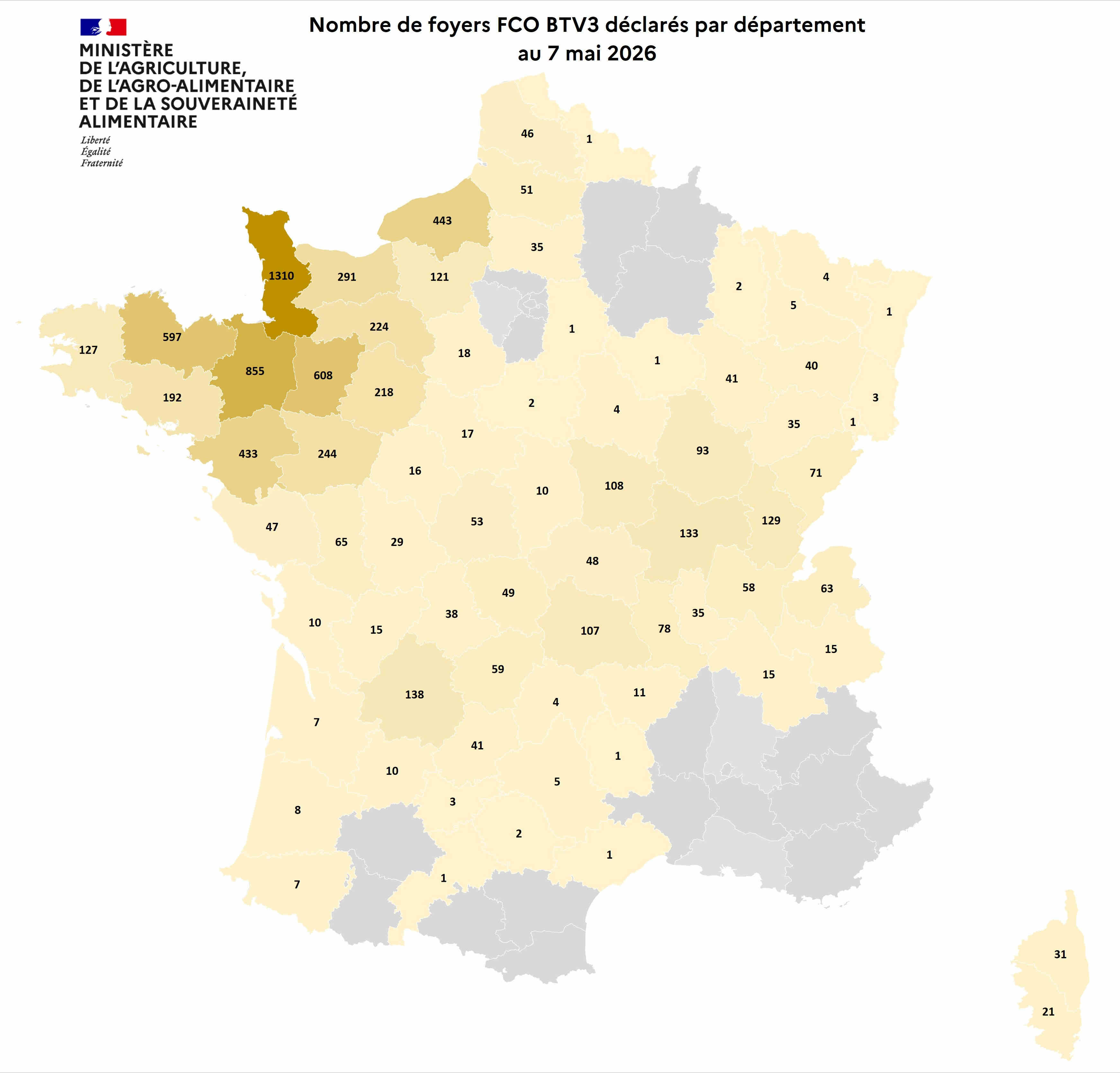 Nombre de foyers FCO BTV3 déclarés par département au 7 mai 2026