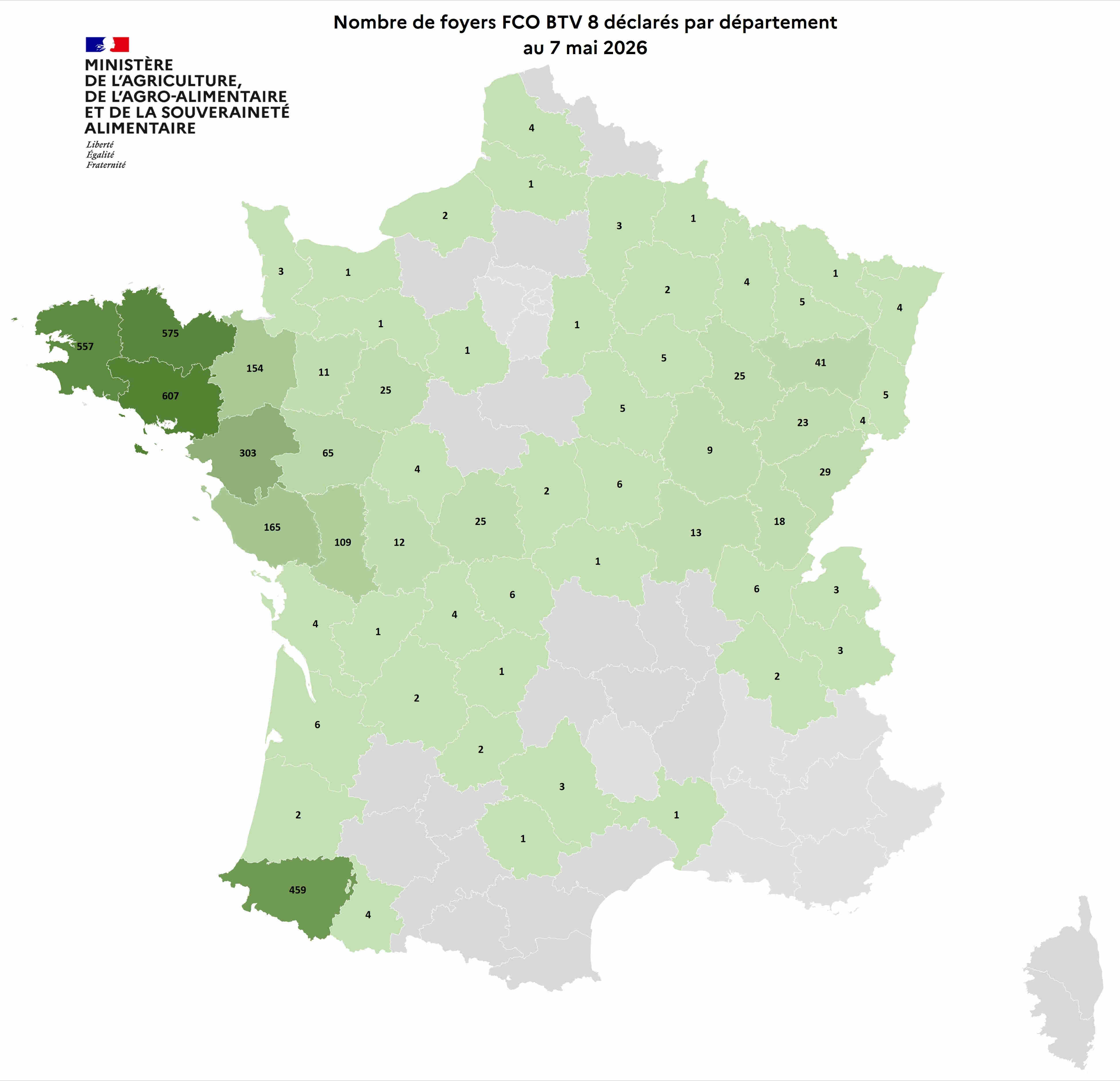 Nombre de foyers FCO BTV 8 déclarés par département au 7 mai 2026