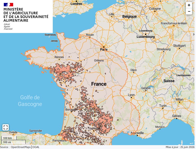 Maladie hémorragique épizootique : zone régulée au 25 juin 2026