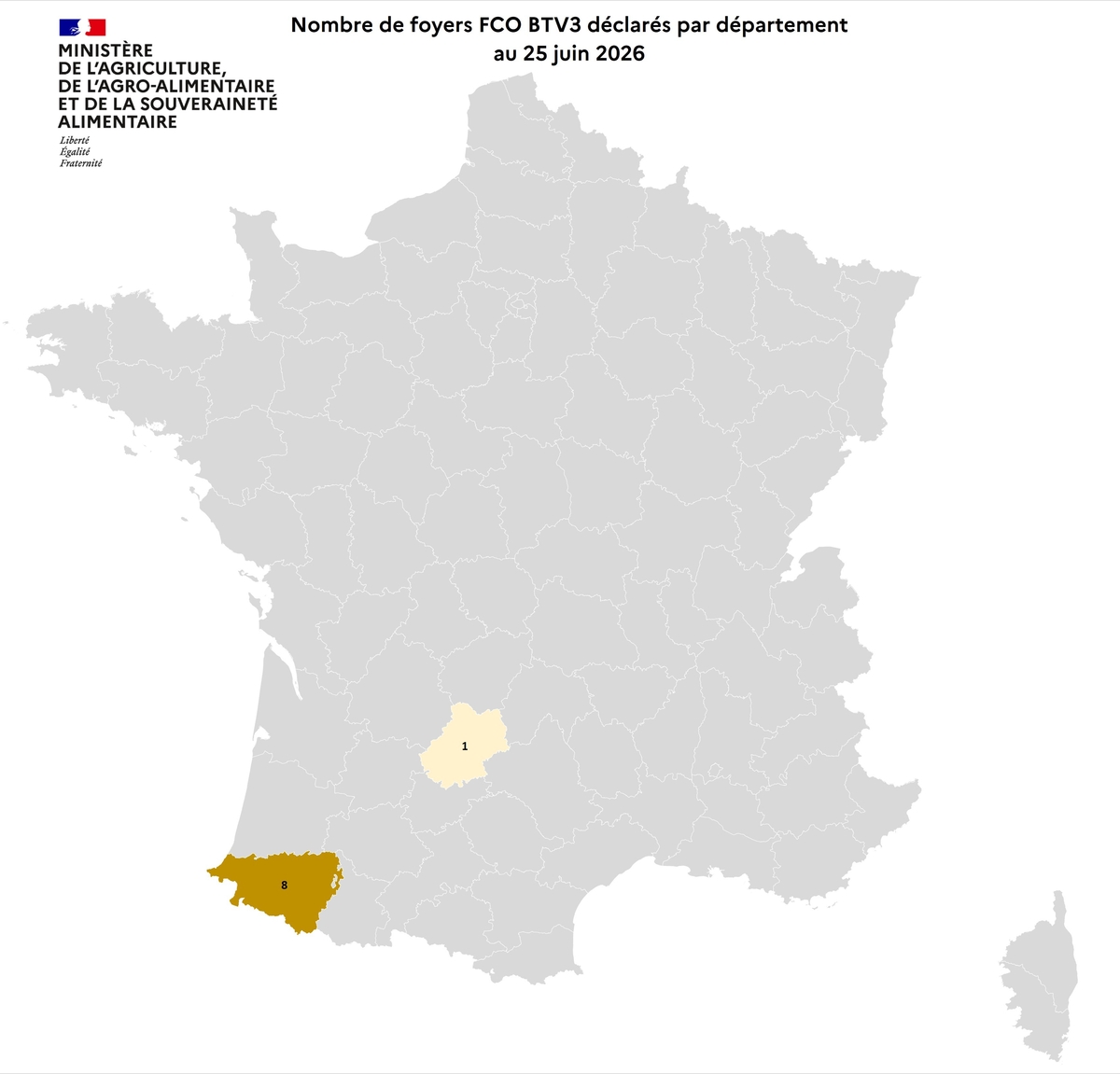 Nombre de foyers FCO BTV3 déclarés par département au 25 juin 2026