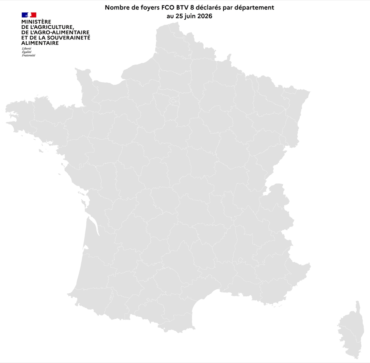 Nombre de foyers FCO BTV 8 déclarés par département au 25 juin 2026