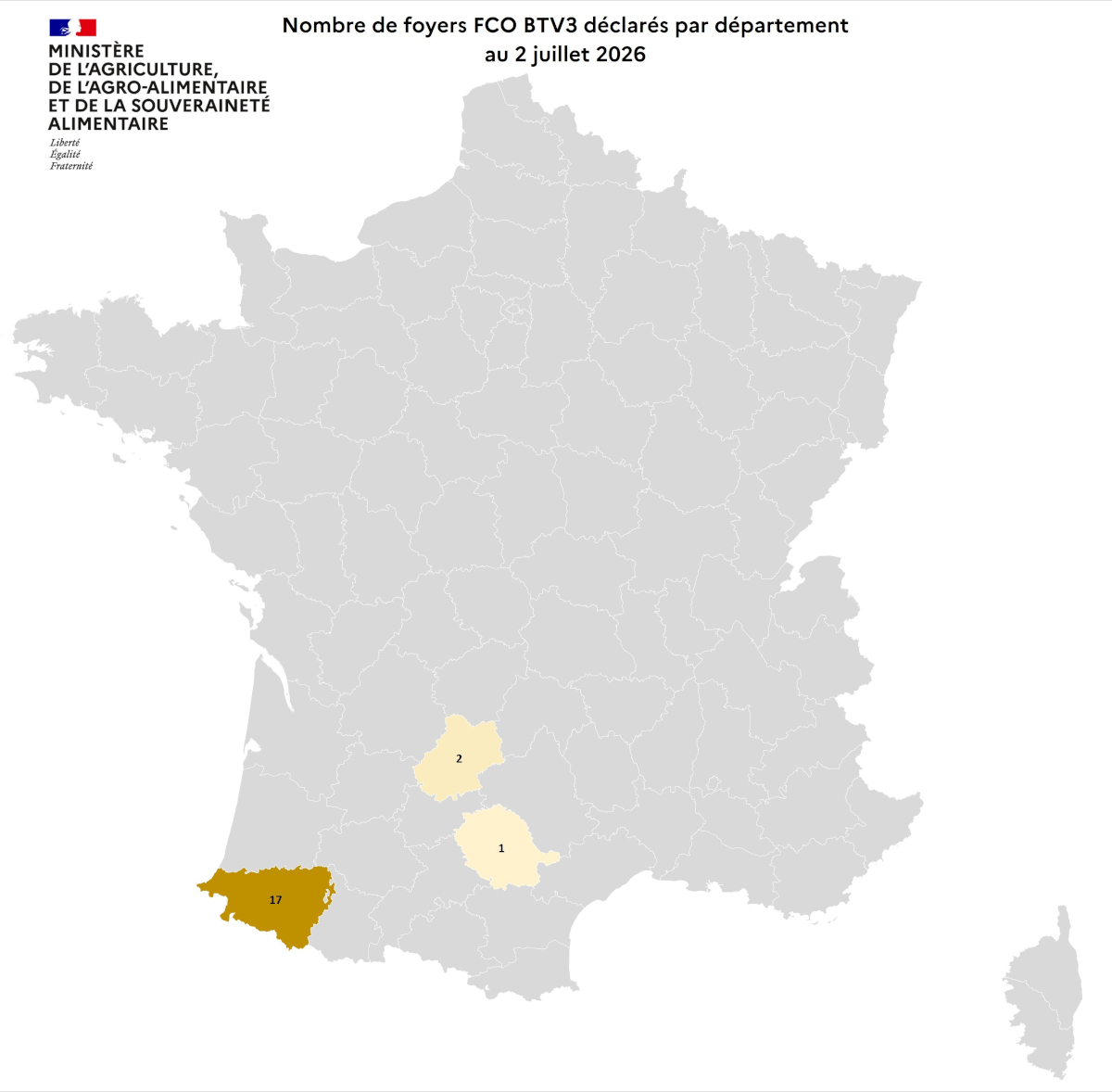 Nombre de foyers FCO BTV3 déclarés par département au 2 juillet 2026