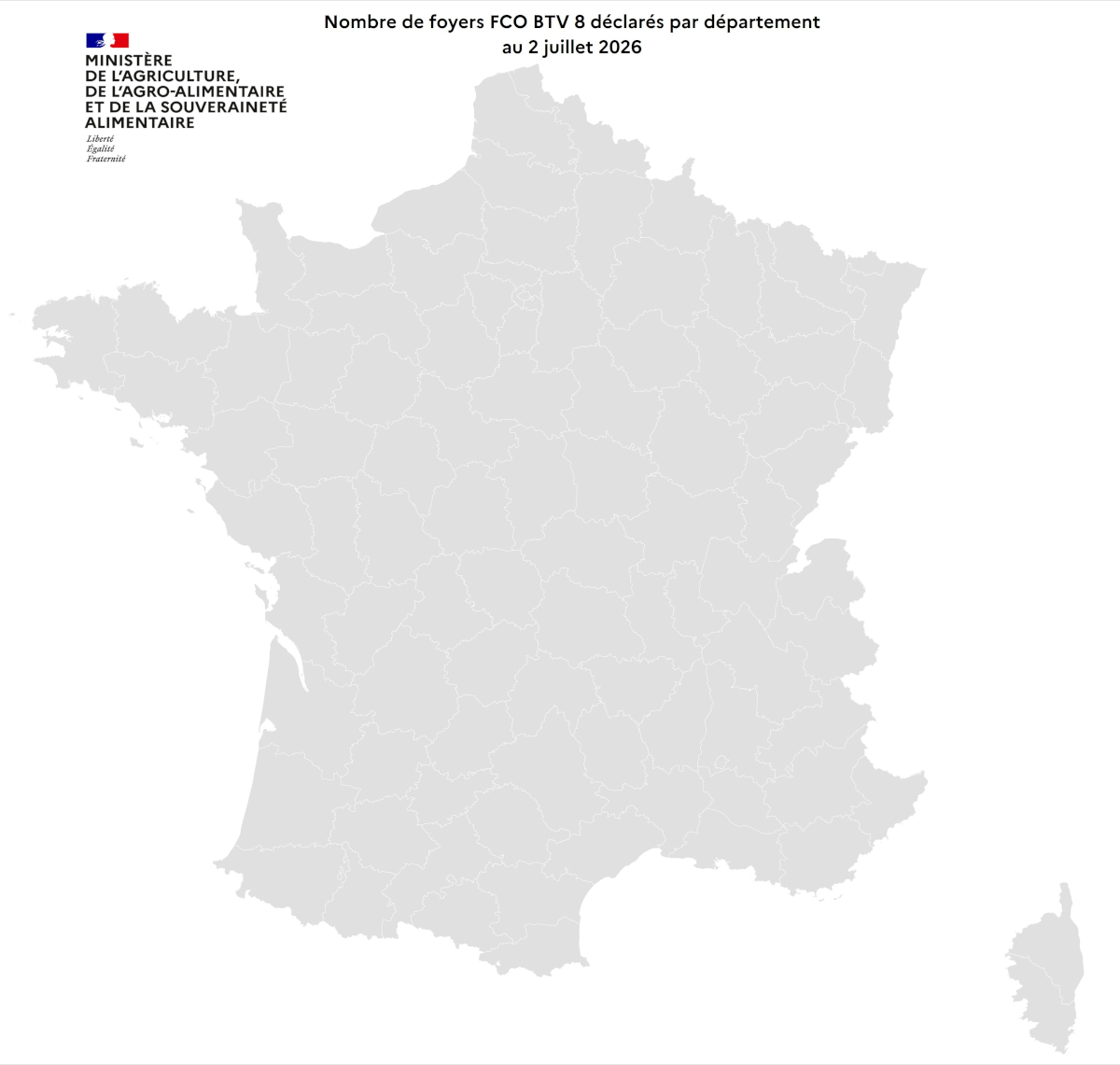 Nombre de foyers FCO BTV 8 déclarés par département au 2 juillet 2026