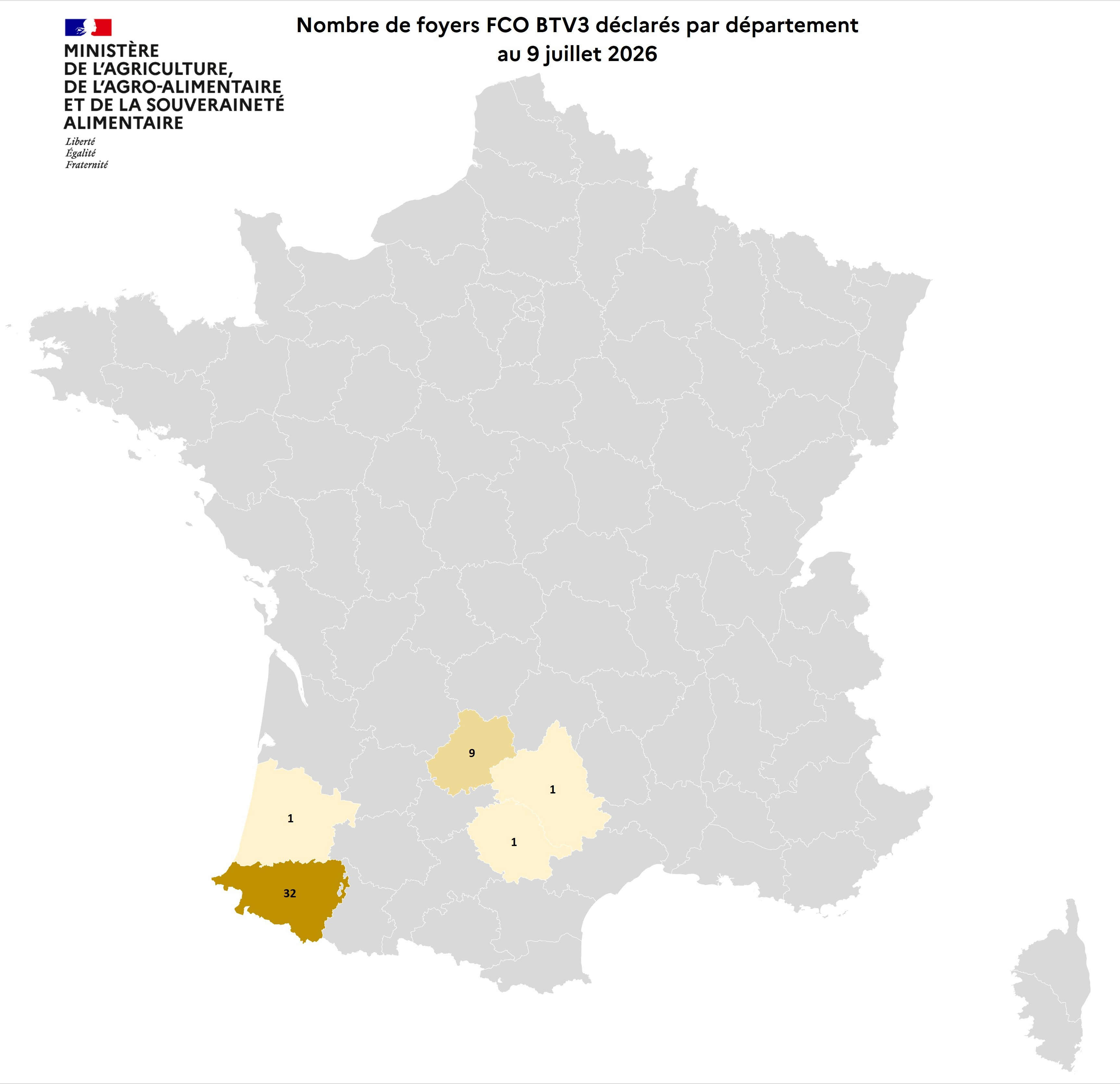 Nombre de foyers FCO BTV3 déclarés par département au 9 juillet 2026