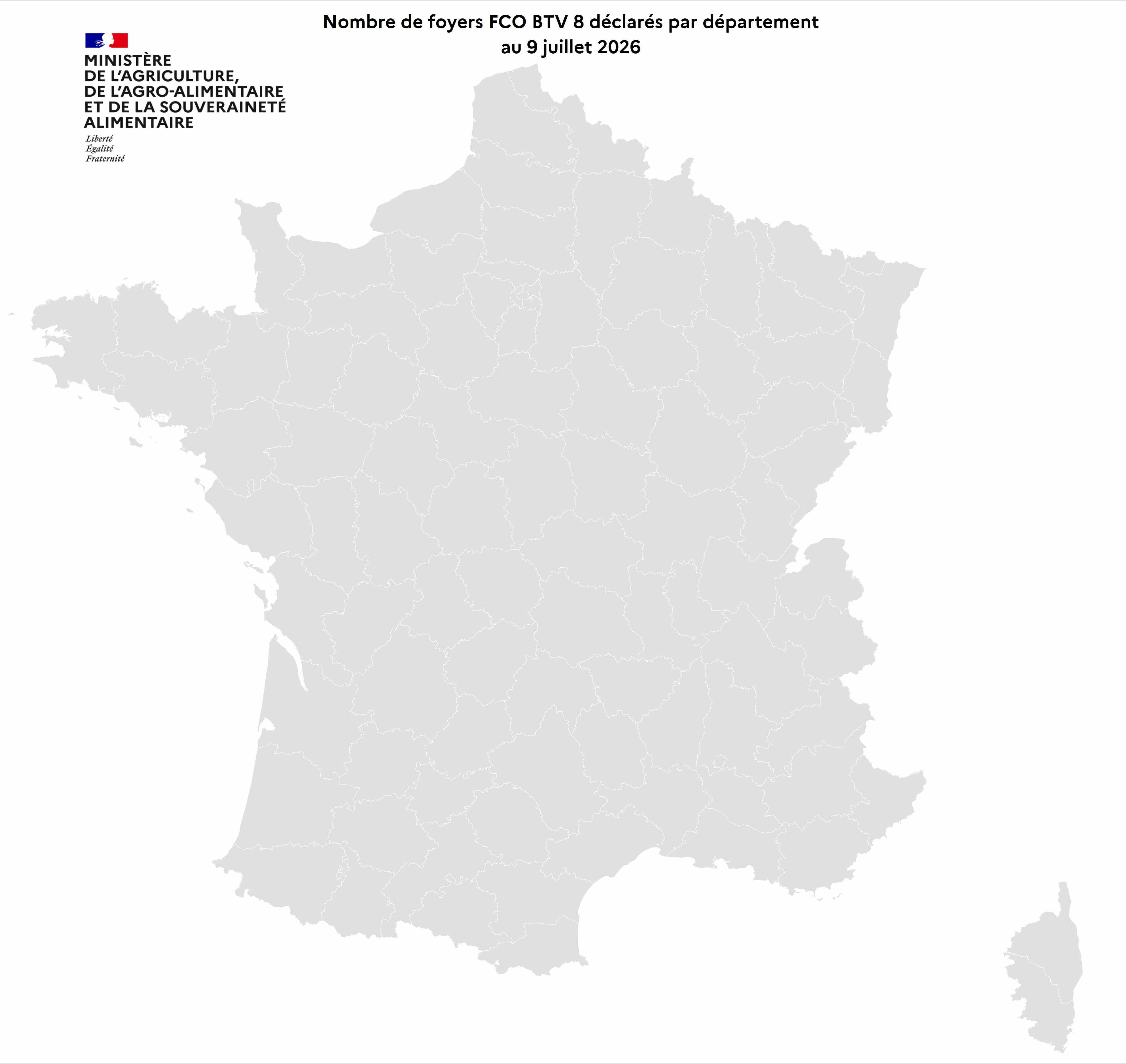 Nombre de foyers FCO BTV 8 déclarés par département au 9 juillet 2026