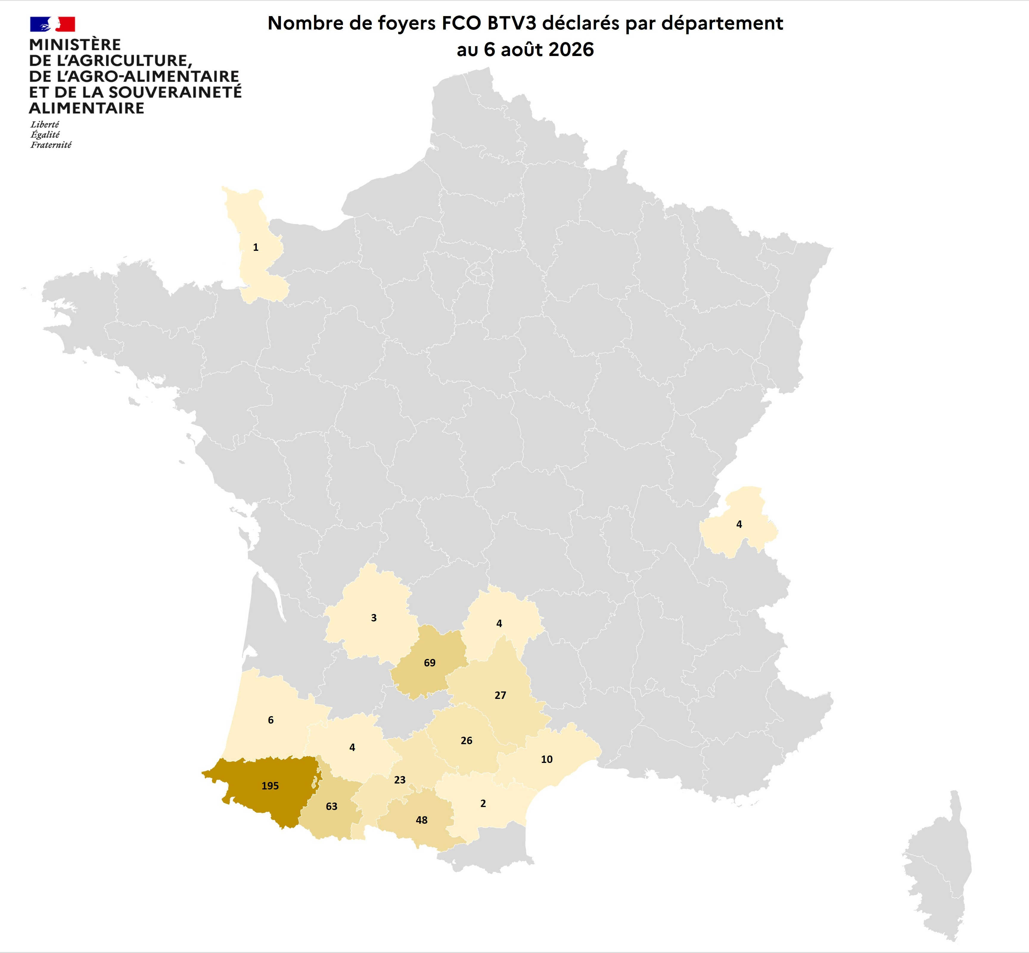 Nombre de foyers FCO BTV3 déclarés par département au 6 août 2026