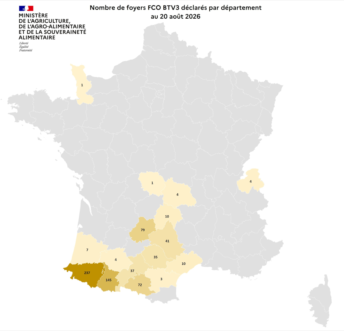 Nombre de foyers FCO BTV3 déclarés par département au 20 août 2026