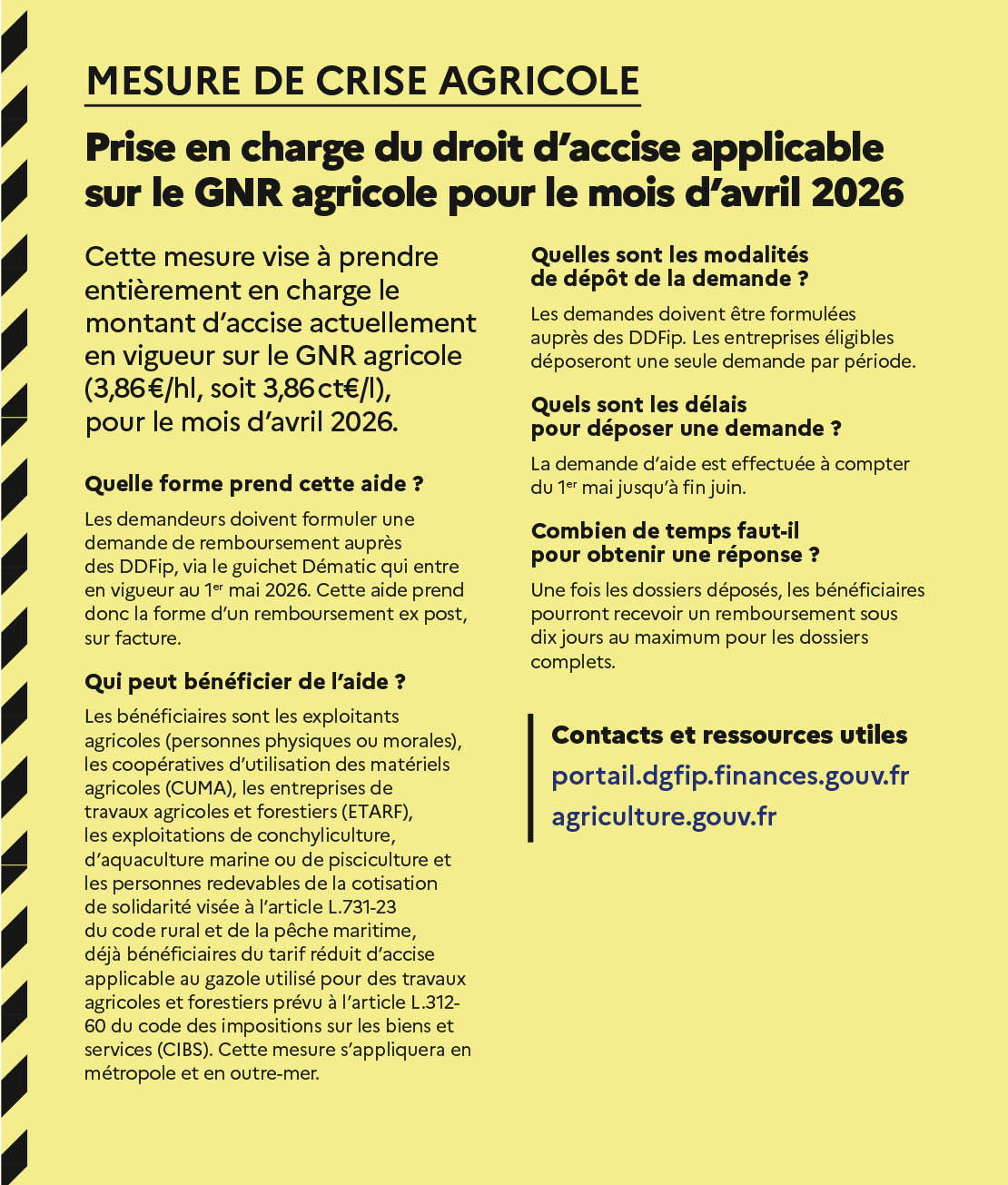 Prise en charge du droit d’accise applicable sur le GNR agricole pour le mois d’avril 2026