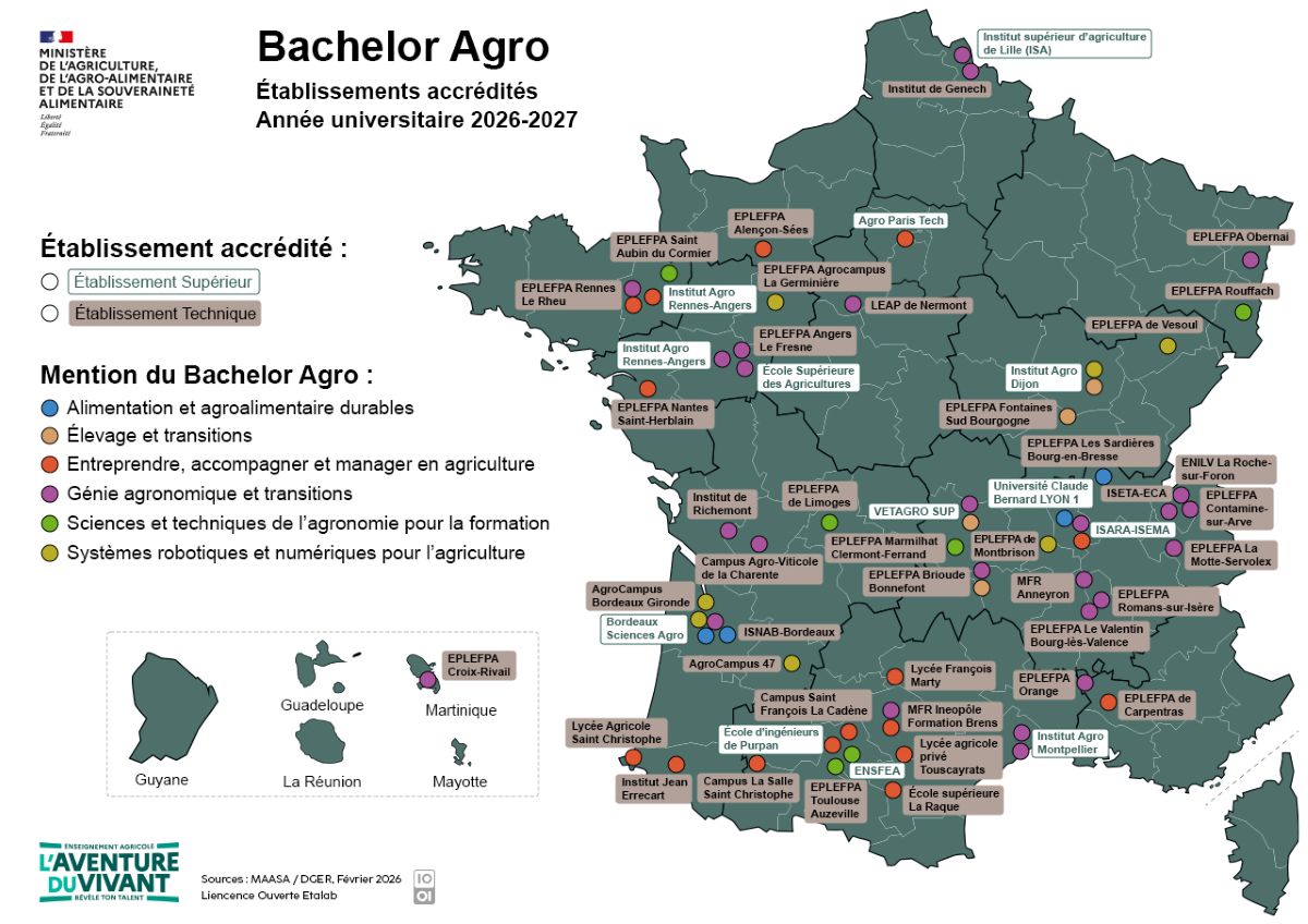 Carte des établissements accrédités pour l’année universitaire 2026/2027 pour le bachelor agro. Voir la transcription sous l'image.