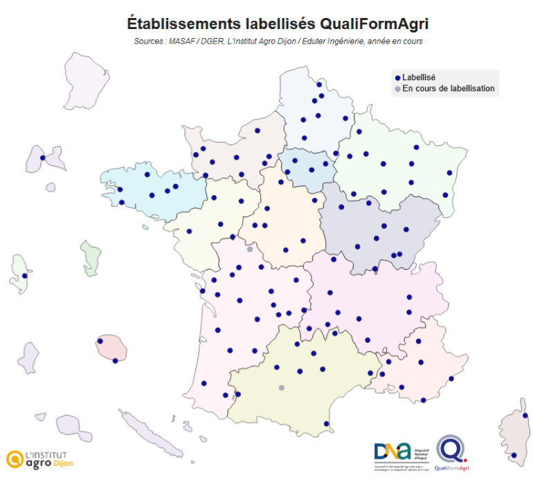 Carte des établissements de l’enseignement agricole public labellisés QualiFormAgri