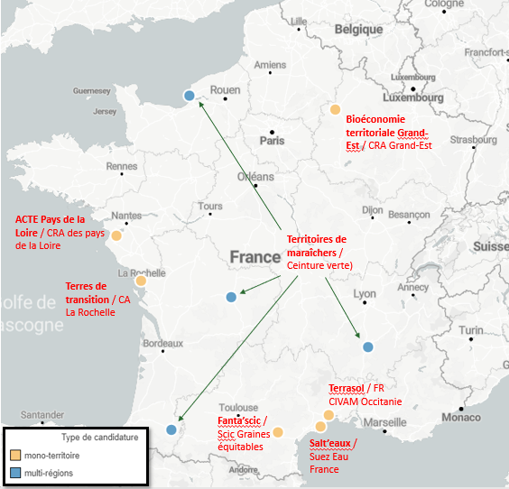 Carte de la localisation des projets lauréats de l'AMI France 2030 "démonstrateurs territoriaux"