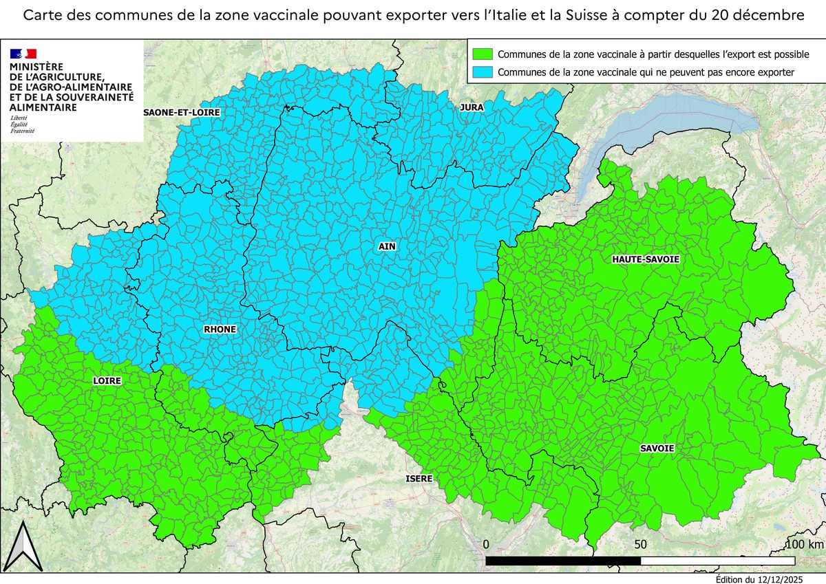 Carte des communes de la zone vaccinale pouvant exporter vers l'Italie et la Suisse à compter du 20 décembre