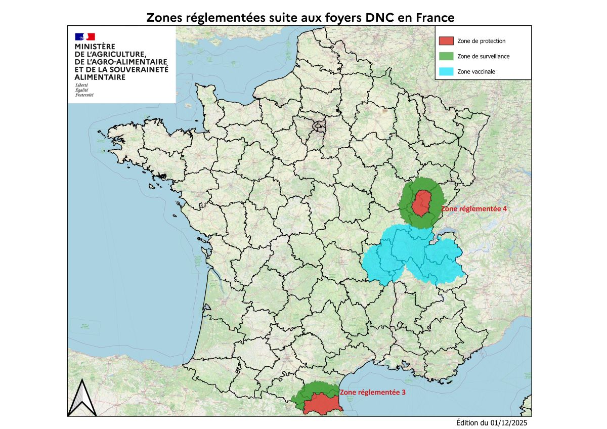 La carte des zones réglementées suite aux foyers DNC en France