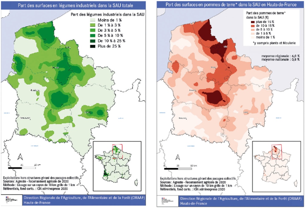 Répartition des surfaces de production de légumes d’industrie (en vert) et de pomme de terre (en rouge), en Hauts-de-France en 2020. Voir la transcription sous l'image.